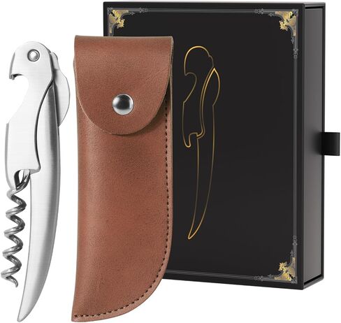 Bottle Opener, Wine gift for Wine Lover, Waiter’s Corkscrew Wine Opener with Genuine Leather Case, Foil Cutter, Beer Bottle Opener, Eco-Friendly Manual Wine Key (Stainless Steel) in Kuwait