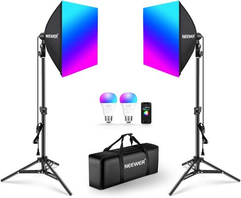 مجموعة إضاءة NEEWER RGB Softbox مع التحكم في التطبيق و9 أوضاع تأثير، 2 حزمة 26 وات لمبات LED معتمدة من FCC/IC/UL CRI93+ TLCI98+، مقابس بورسلين E26، صناديق سوفت بوكس ​​24 بوصة، لإضاءة التصوير الفوتوغرافي في الاستوديو، NK800 in Kuwait