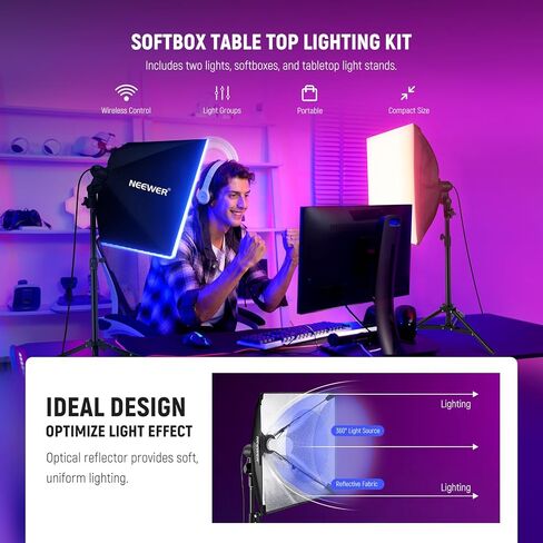 مجموعة إضاءة NEEWER RGB Softbox مع التحكم في التطبيق و9 أوضاع تأثير، 2 حزمة 26 وات لمبات LED معتمدة من FCC/IC/UL CRI93+ TLCI98+، مقابس بورسلين E26، صناديق سوفت بوكس ​​24 بوصة، لإضاءة التصوير الفوتوغرافي في الاستوديو، NK800 in Kuwait