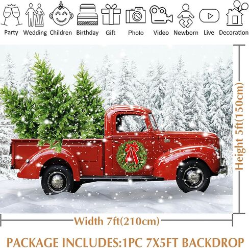 Avezano Christmas Red Truck Backdrop Snowy Pine Tree Xmas Home Decorations Merry Christmas Party Background Winter Holiday Family Kids Portrait Photobooth Supplies (8x6ft) in Saudi Arabia