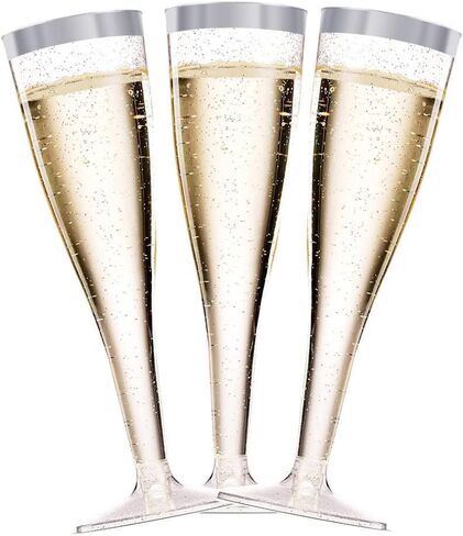 BloominGoods 50 Plastic Gold Glitter Champagne Flutes | 7 oz. Clear Hard Disposable Party & Wedding Glass | Premium Heavy Duty Fancy Cup (50-Pack) in Saudi Arabia