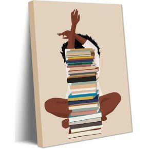 African American Books Wall Art, Black Girl Canvas Poster Prints, Book Lover Painting Wall Art, Modern Black Woman With Book Art Wall Decor for Bedroom Living Room - Framed 16x24 In