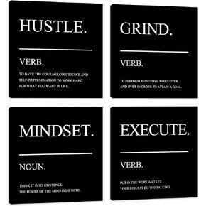 Inspirational Canvas Wall Art Quotes Motivational Hustle Wall Decor Office Wall Decor Print Pictures for Men Living Room Bedroom Poster Framed Artwork Home Decor Decorations 12"x12"x4pcs