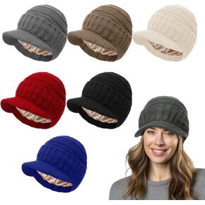 Cuffbow 6 قطع قبعة صغيرة مبطنة بالساتان مع حافة قناع للنساء والرجال شتاء دافئ متماسكة الحرير مبطن قبعة قبعة مترهل مع حافة قناع in Kuwait