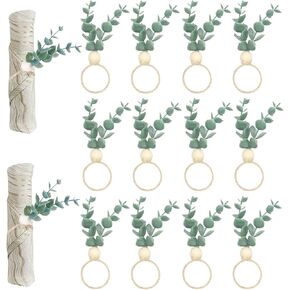 12 Pieces Napkin Rings Set Eucalyptus Napkin Rings Wooden Napkin Rings Rustic Greenery Leaf Napkin Rings for Wedding Thanksgiving Christmas Party Table Decor (12)
