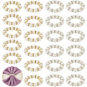 FINGERINSPIRE 24PCS Wedding Pearl Napkin Rings 1.18" Pearl Beaded Napkin Rings Holder with Iron Rhinestone Spacer Beads Platinum & Golden Rhinestone Serviette Rings for Table Wedding Party Decoration