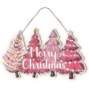 MOTERMATE Pink Christmas Tree Sign Decor, Pink Christmas Decor, Rustic Christmas Front Porch Door Decor, Merry Christmas Wall Hanging Decor, Christmas Outdoor Signs for Bedroom Girls Room, 8x10 Inch