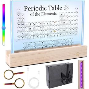 Rafecs Periodic Table with Real Elements Inside – Large Acrylic Periodic Table with Cordless LED Wooden Stand and Magnifier, Chemistry Gifts for Students, Kids, Teacher and Science Lovers