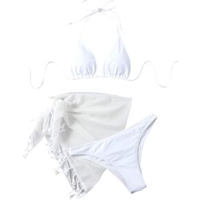 SOLY HUX Women's Halter Triangle Bikini Bathing Suit with Beach Cover Up 3 Piece Swimsuits White S