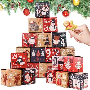 LOKIPA Christmas Advent Calendar Boxes, 24 Days Kraft Paper Advent Countdown Gift Boxes for Kids and Family