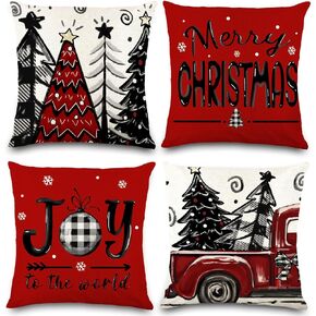 4pcs Christmas Pillow Covers 18x18 Inch Red Pillow Covers Xmas Decorations Buffalo Tree Truck Merry Christmas Pillows Winter Holiday Farmhouse Seasonal Throw Case Decor for Sofa Couch