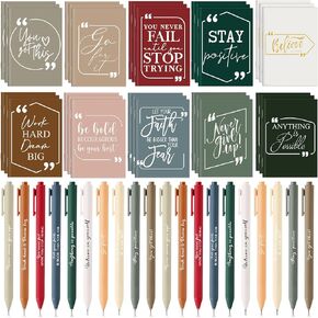 Fulmoon 60 Pcs Motivational Journal Bulk Notepads and Pens for Gifts Inspirational Mini Notebooks Ballpoint Pens Camp Stationary for Students Coworker Employee School Office Supplies (Brown)