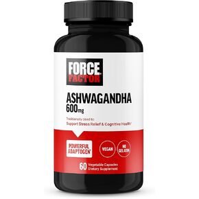 FORCE FACTOR Ashwagandha Supplements Made with Premium Vegan Ashwagandha Powder, Adaptogens to Support Stress and Cognitive Health, No Gelatin, Non-GMO, 60 Capsules