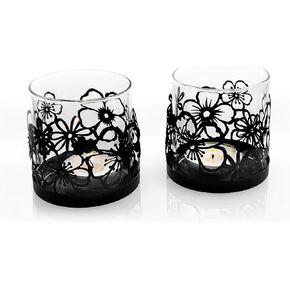 Lily’s Home Cutout Shadow Box Votive Tea Light Hurricane Glass Candle Holders, Centerpiece Lighting for Weddings, Entertaining and Home Decor, Flowers Garden Design, Black, Set of Six