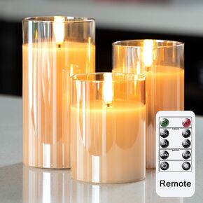 LUSHABOR Flameless Candles with Remote, 3 Pack Glass Battery Operated Candles with Timer, Real Wax Glass LED Candles Flickering Wedding Home Party Christmas D3 H4 5" 6" Grey