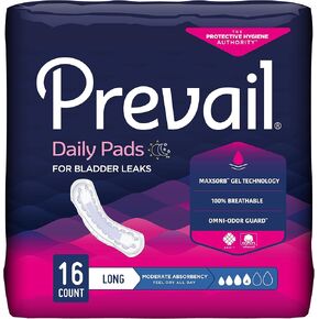 Prevail Feminine Pads, Moderate Long, 16 Count, Discreet Comfort, Reliable Bladder Leakage Protection, Innovative Design