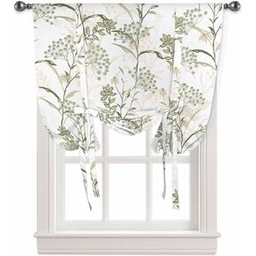 Sage Green Leaves Tie Up Curtains for Kitchen Bedroom Living Room Windows, Adjustable Tie-Up Shade Rod Pocket Curtain Valance Drape Wildflower Herbs Floral Spring Summer 1 Panel, 52" x 45"