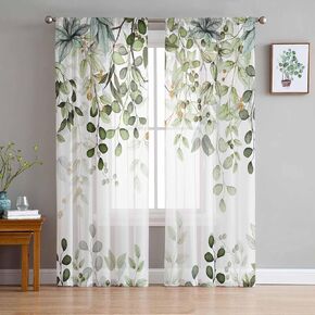 Sage Green Sheer Curtains 84 inches Long, Abstract Eucalyptus Leaf Rod Pocket Lightweight Soft Window Treatments Drapes, Light Filtering Elegant Home Curtain for Bedroom/Living Room Decor(2 Panels)