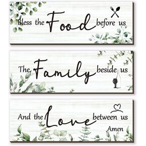 3 Pieces Green Kitchen Decor Eucalyptus Greenery Wooden Wall Art Family Dining Room Sign Sage Green Kitchen Wall Decor Rustic Farmhouse Plaque for Home Kitchen Decor(Green, 12x4")