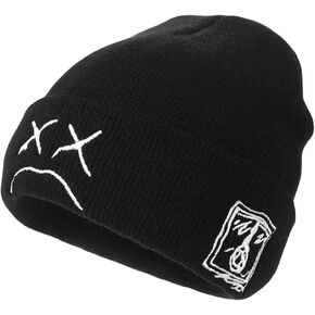 Beanie Hat for Men Women, Sad Face Fashion Embroidery Caps Cuffed Skull Knit Cap Autumn Winter Warm Knitted Hip Hop Hats Black