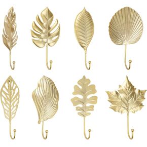 8 Pcs Decorative Leaves Wall Hooks for Hanging Heavy Duty, Gold Hanging Rack Hooks for Hanging Clothes Towels Keys Hats, Wall Mounted Home Decor Metal Hooks for Living Room, Bathroom, Bedroom