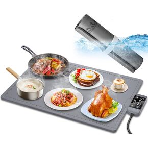 Waterproof Electric Food Warming Mat, Food Grade Silicone Warming Tray with 17 Temp Setting and 6 Hours Timer, Full Surface Heating Mat, Roll Up Food Warmers for Parties Buffet (Dark Gray)