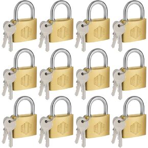 HOX Solid Brass Keyed Different Padlock with 1-9/16-Inch Wide Body, Brass Cylinder - for Hasp Latch, Sheds, Fences, Storage Locker, 12-Pack