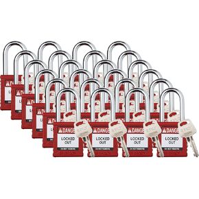 Brady Safety Lockout Padlock Sets - 24 Pack - Red - Keyed Different Safety Lockout Padlocks - 1 Key Per Lock - SDPL-RED-38ST-KD24