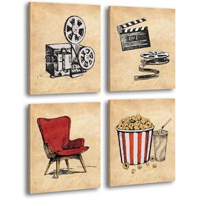 Vintage Movie Theater Wall Art, Classic Film Reel Cinema Popcorn Canvas Posters, Set of 4 (8x10 inches Framed), Retro Home Theater Media Room Decor