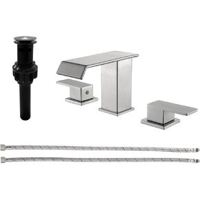 Matte Black Bathroom Faucets for Sink 3 Hole Widespread Waterfall Vanity Faucets Basin Faucet with Pop-Up Drain 8 inch Bathroom Lavatory Faucet
