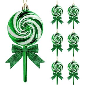 6pcs Christmas Lollipop Baubles with 6pcs Glitter Bows,Shiny & Glitter Decorated Peppermint Candy Hanging Ornaments for Christmas Tree Wreaths Party Decorations (Pink)