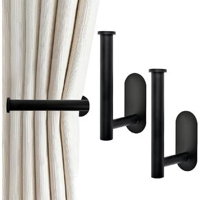 2 Pack Adhesive Curtain Hooks Metal Curtain Tiebacks, No Drill Curtain Holdbacks, L Shaped Curtain Holders for Wall, Black Curtain Holders for Drapes for Home Office Decorative Curtain Decor