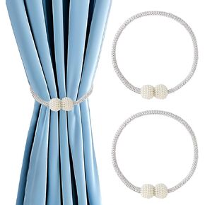 Magnetic Curtain Tiebacks Holdbacks with Pearl Decorative Tie Backs for Drapes 2 Pack No Drill Curtain Holders 16.9 inch Rope Tiebacks