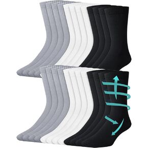 Shihanee 12 Pairs Men's Compression Crew Socks Bulk 15-20 mmHg Athletic Cushioned Mid Calf Socks for Running Hiking Sports