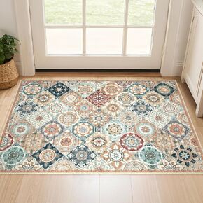 5X8 Area Rugs for Living Room - Washable Large Bohemian Low Pile Stain Resistant Floral Rug Soft Non Slip Neutral Indoor Floor Rugs for Bedroom Kitchen Dining Room Home Office,Grey/Blue