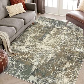 Living Room Rug 8x10 Washable Rugs Non Slip Abstract Rug Stain Resistant Area Rug Low Pile Ultra Thin Accent Rug for Bedroom Office Home, Camel/Green