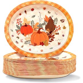 50 PCS Thanksgiving Oval Plates 10" x 12" | Thanksgiving Plates Disposable with Pumpkin Maple Leaves | Thanksgiving Paper Plates for Thanksgiving Fall Harvest Party