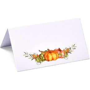 100 Pack Thanksgiving Place Cards with Pumpkins and Fall Leaves Seating Harvest Name Card Table Setting Folded Paper Autumn Tent Cards for Dinner Wedding Tables Placement Party Decorations 2" x 3.5"