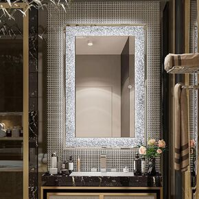 MUAUSU LED Crystal Mirror for Bathroom 3 Color Modes 36"x24" Crush Diamond Mirror with Lights Rectangular Silver Decorative Mirrors for Wall