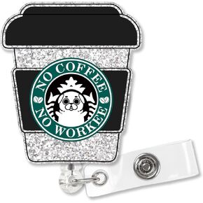 No Coffee No Workee Pink Glitter Cute Badge Reel Retractable with Alligator Clip, Fun Coffee Cup ID Badge Holder Gift for Doctor Nurse Social Worker Night Shift Staff Coffee Lover Dog Lover C