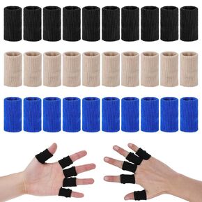 30 Pcs Finger Sleeves, Finger Compression Sleeves Elastic Thumb Splint Brace Support Protector Breathable Finger Tape for Finger Arthritis Swelling Sports Joint Pain Relief (Black/Blue/Skin)