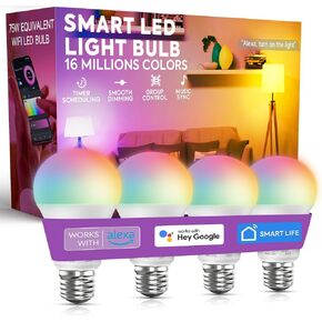 Smart Light Bulbs, Color Changing Light Bulb, A19 Dimmable 75W Equivalent, 11W Soft White WiFi LED Light Bulbs, Works with Alexa, Google Assistant and Smart Life, 4 Pack