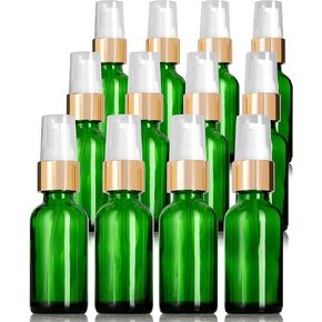JUVITUS 1 oz / 30 ml Green Glass Boston Round Bottle with Gold Treatment Pump (12 pack)