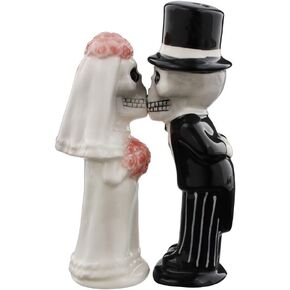 Love Never Dies Skeleton Bride and Groom Kissing Magnetic Salt and Pepper Shaker