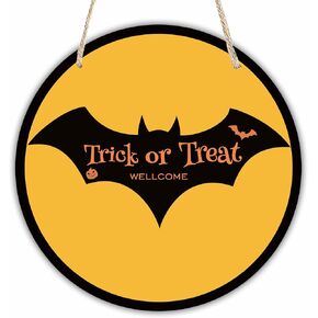 Trick Or Treat Welcome Wooden Sign-Farmhouse Halloween Wooden Decoration With Rope-Wooden Wreath Indoor Wall Hanging Decoration-Halloween Bat Wall Decor Plaque-D06
