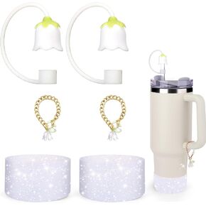 Mity rain 6PCS Cup Accessories Set for Stanley Cup 30oz 40oz Tumbler with Handle, Including Bluebells Flower Straw Toppers and Handle Charm, Glitter Boot (Pink)