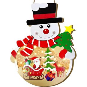 Lighted Christmas Wreaths for Front Door Sign Pre-Lit Snowman & Timer Christmas Door Decorations Hanging Sign Wooden Xmas Decor Window Wall Office Home Decor Indoor Outdoor