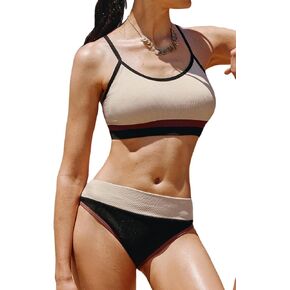 CUPSHE Women's Bikini Sets Two Piece Swimsuit Scoop Neck Color Block Rib Textured Tank Top Spaghetti Straps