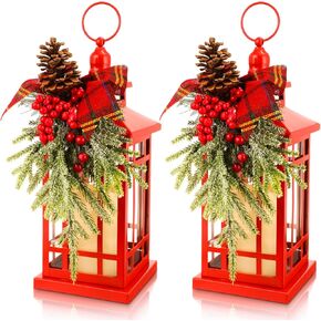 Tuanse 2 Pcs Christmas Decorative Lanterns Red Metal Hanging Candle Lantern Vintage Flameless Decorative Lanterns with LED Lights for Indoor Outdoor Home Table Porch