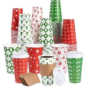 72 Pcs 16 oz Christmas Coffee Cups Disposable With Lids and Sleeves Christmas Paper Cups for Hot Drinks 6 Designs Quality Thickened Christmas Cups for Hot Chocolate, Hot Cocoa, Beverage